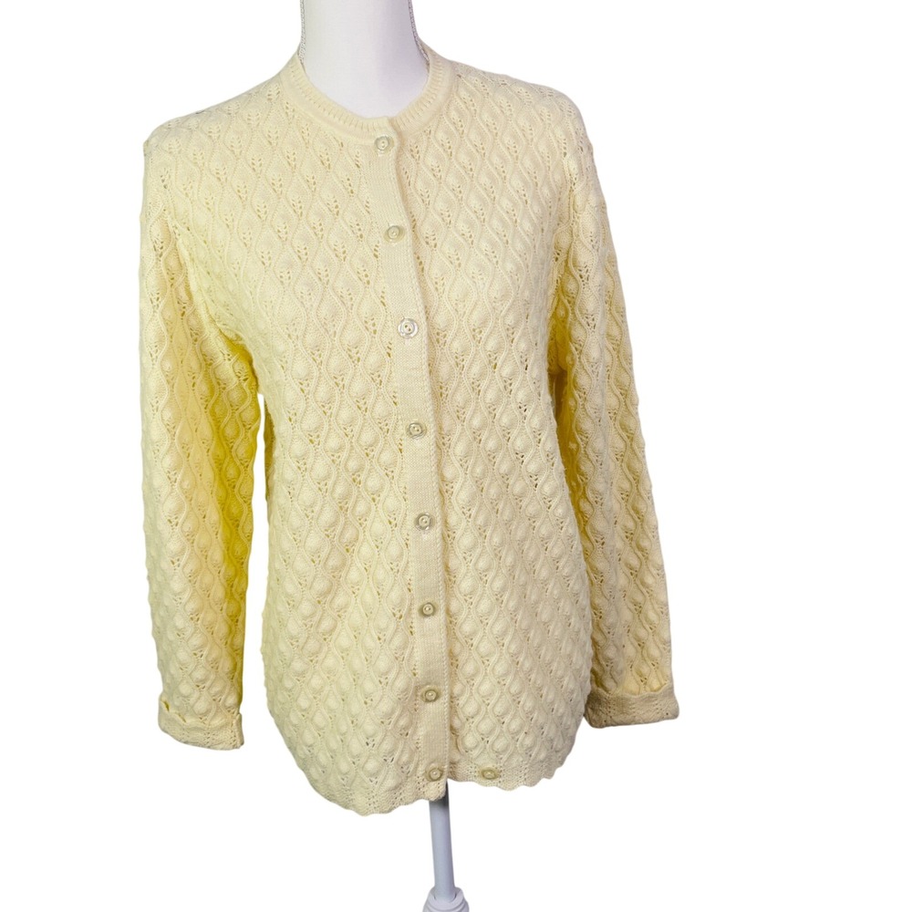 VTG Cardigan‎ Sweater Womens L Popcorn Pointelle Knit Grandmacore Cream